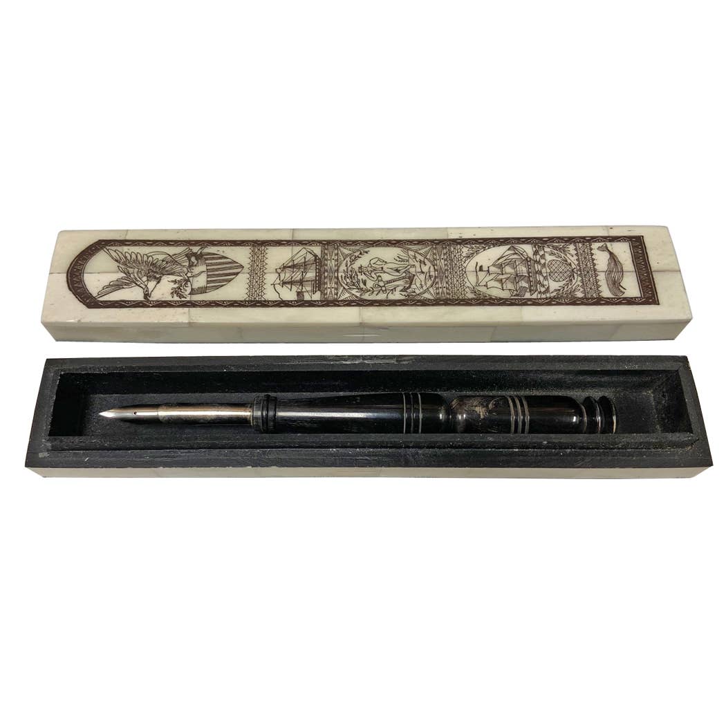 Life at Sea" Scrimshaw Pen Box w/ Horn Pen- 8-1/4 "