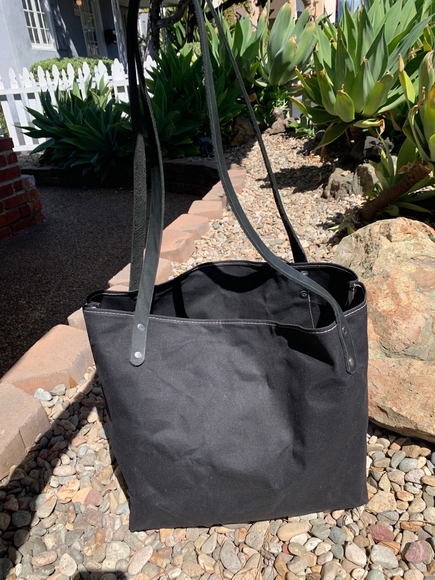 Market Tote- Black Waxed Canvas W/Black Handles