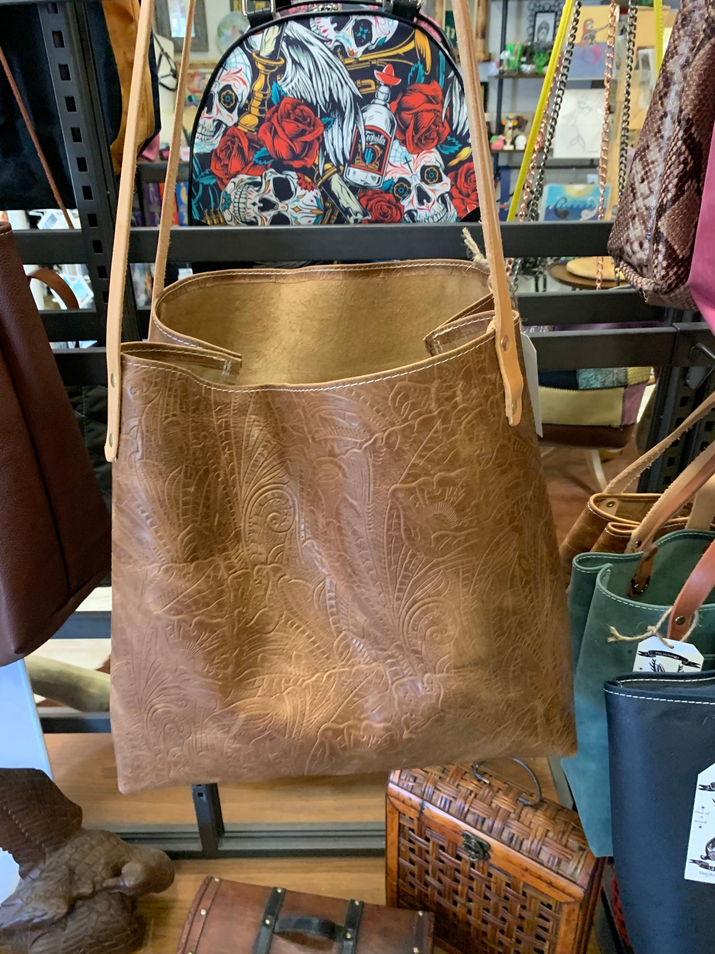 Market Tote - Brown Flower Pattern Embossed Leather