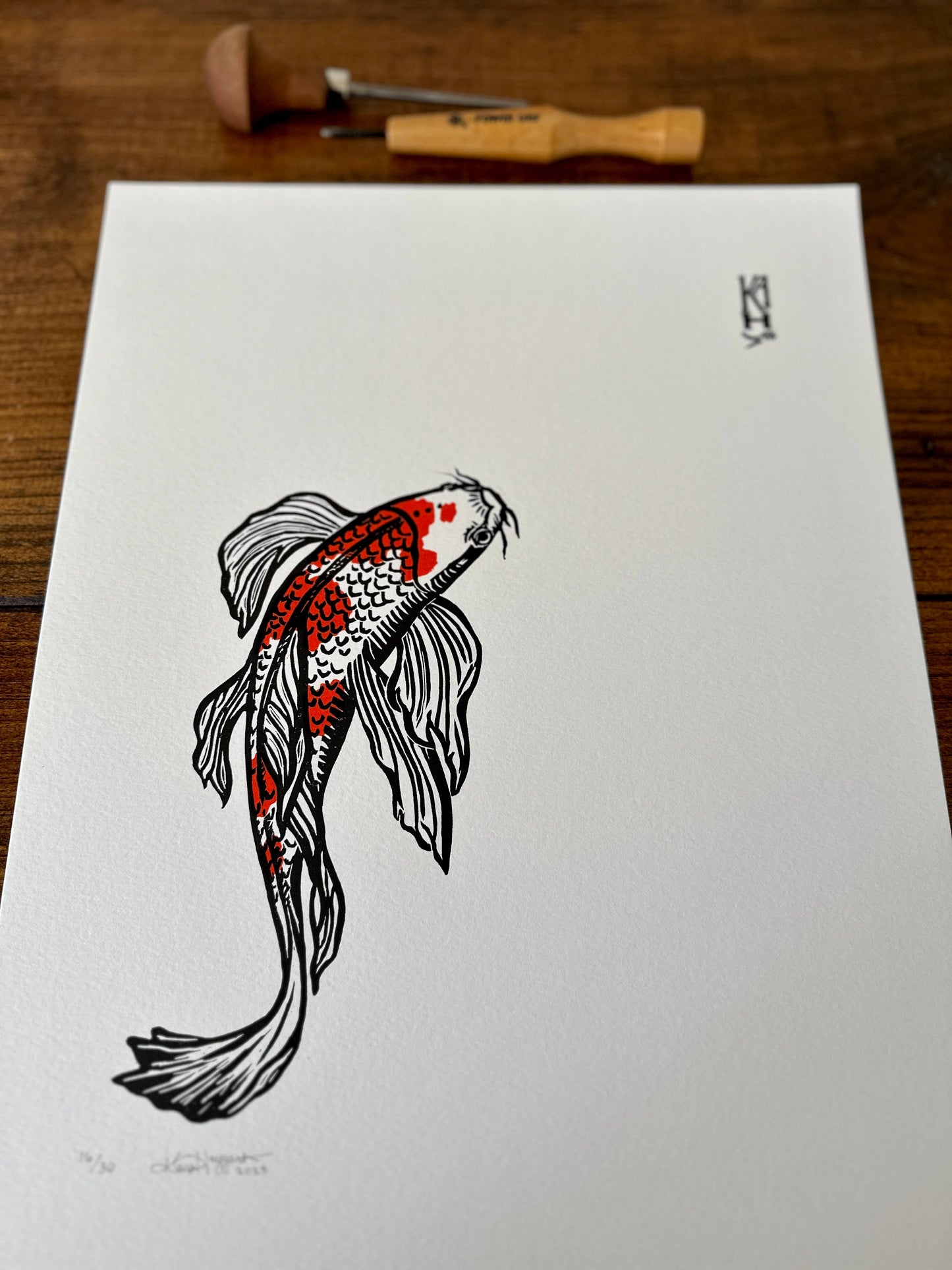 Butterfly Koi handmade relief print - 11x14 (Kara Haygarth)