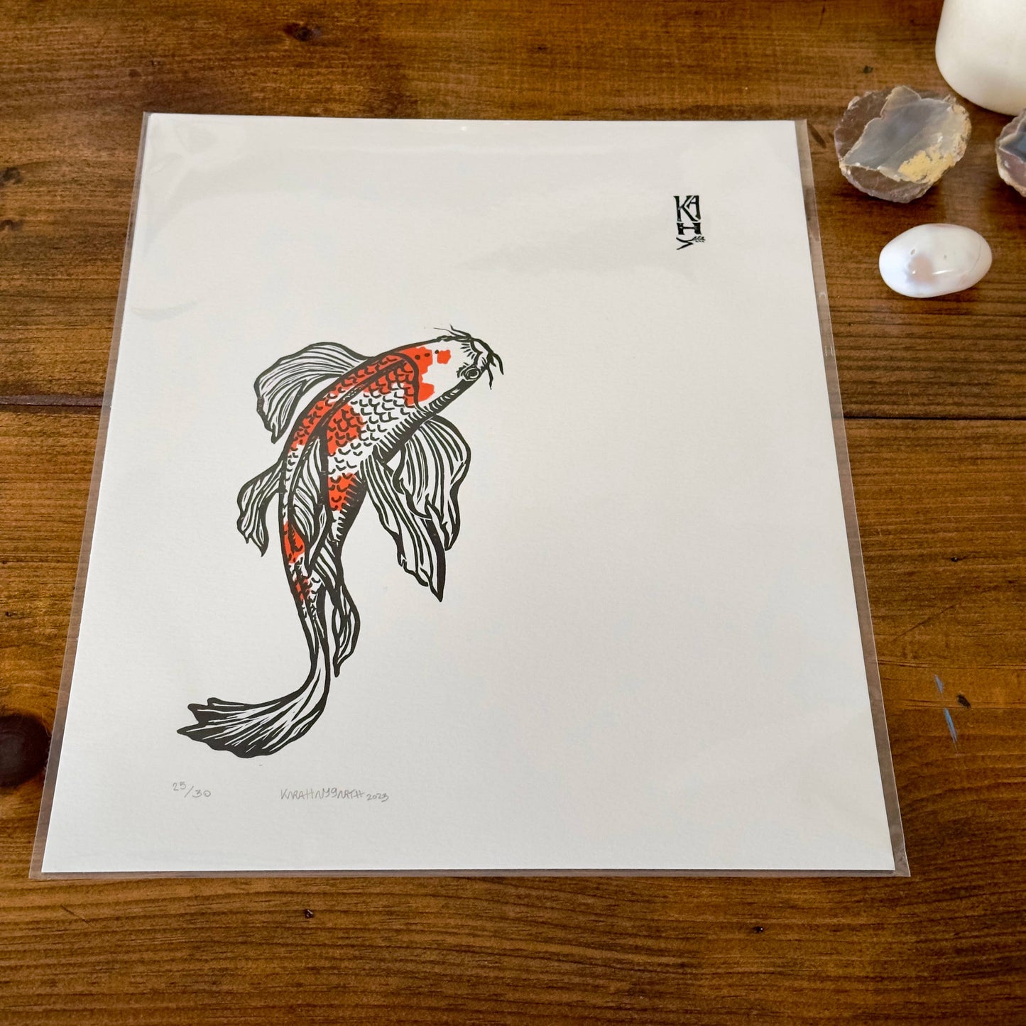 Butterfly Koi handmade relief print - 11x14 (Kara Haygarth)