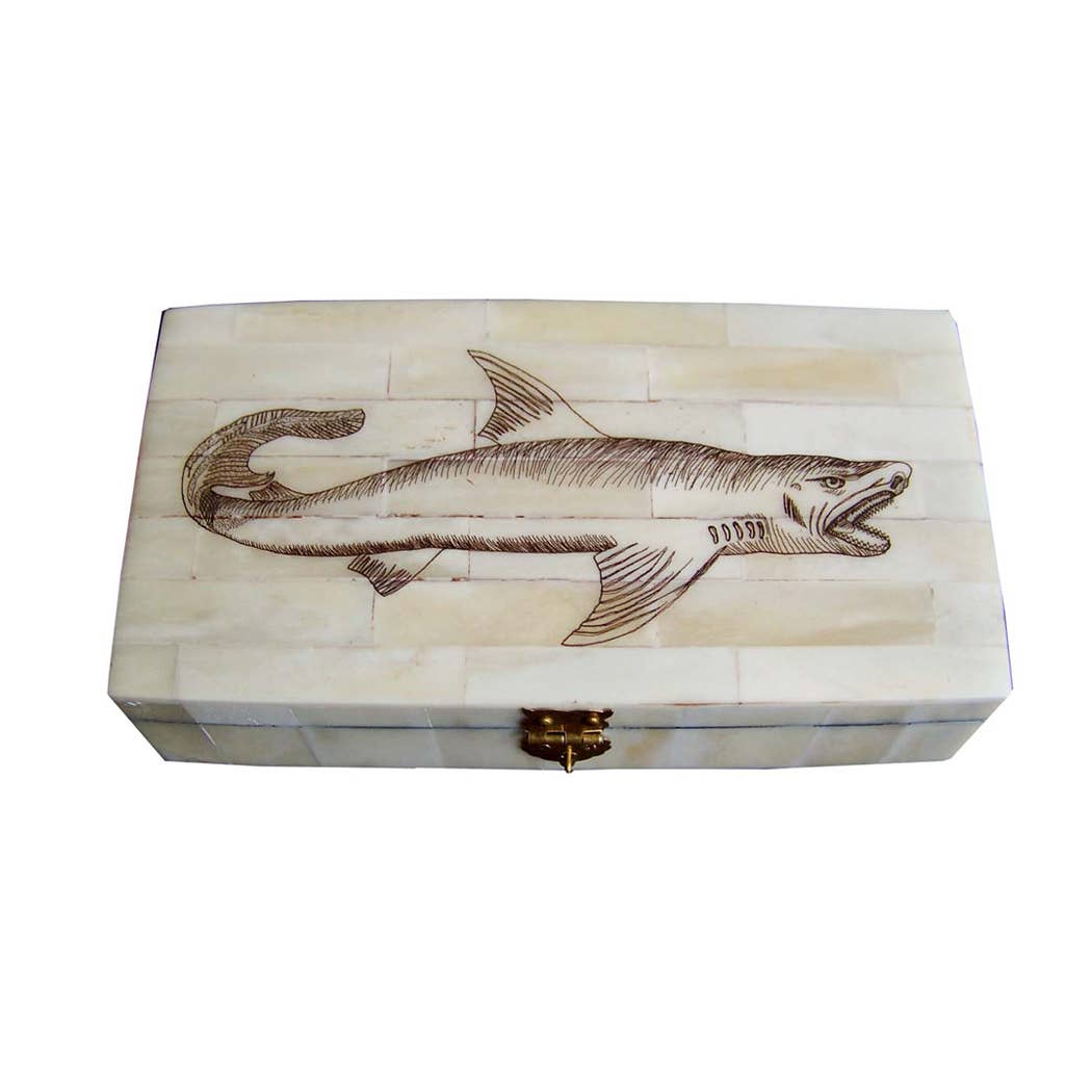 Scrimshaw Bone Box- Shark. Vintage Finish (Reproduction)