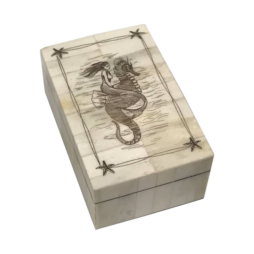 Scrimshaw Bone Box & Lift-Off Lid- Seahorse/Mermaid 5-1/4" (Reproduction)
