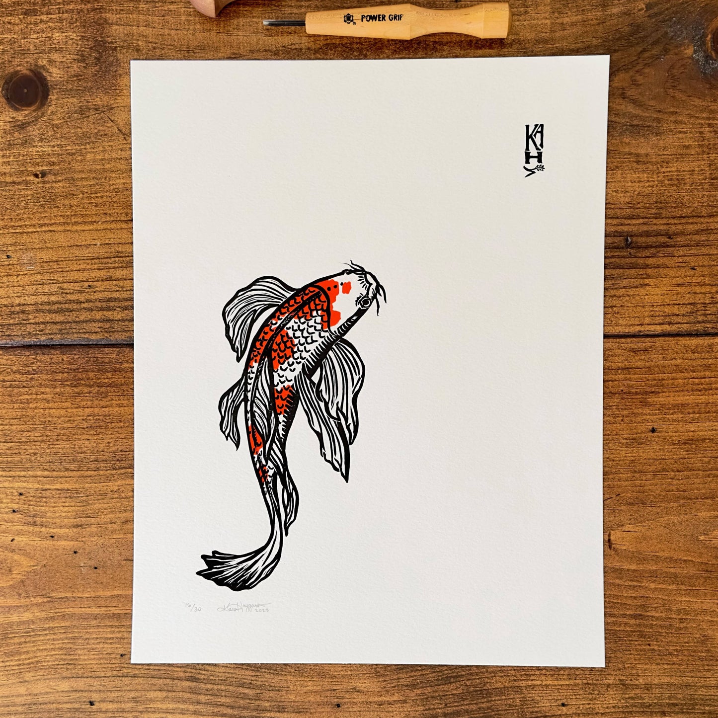 Butterfly Koi handmade relief print - 11x14 (Kara Haygarth)