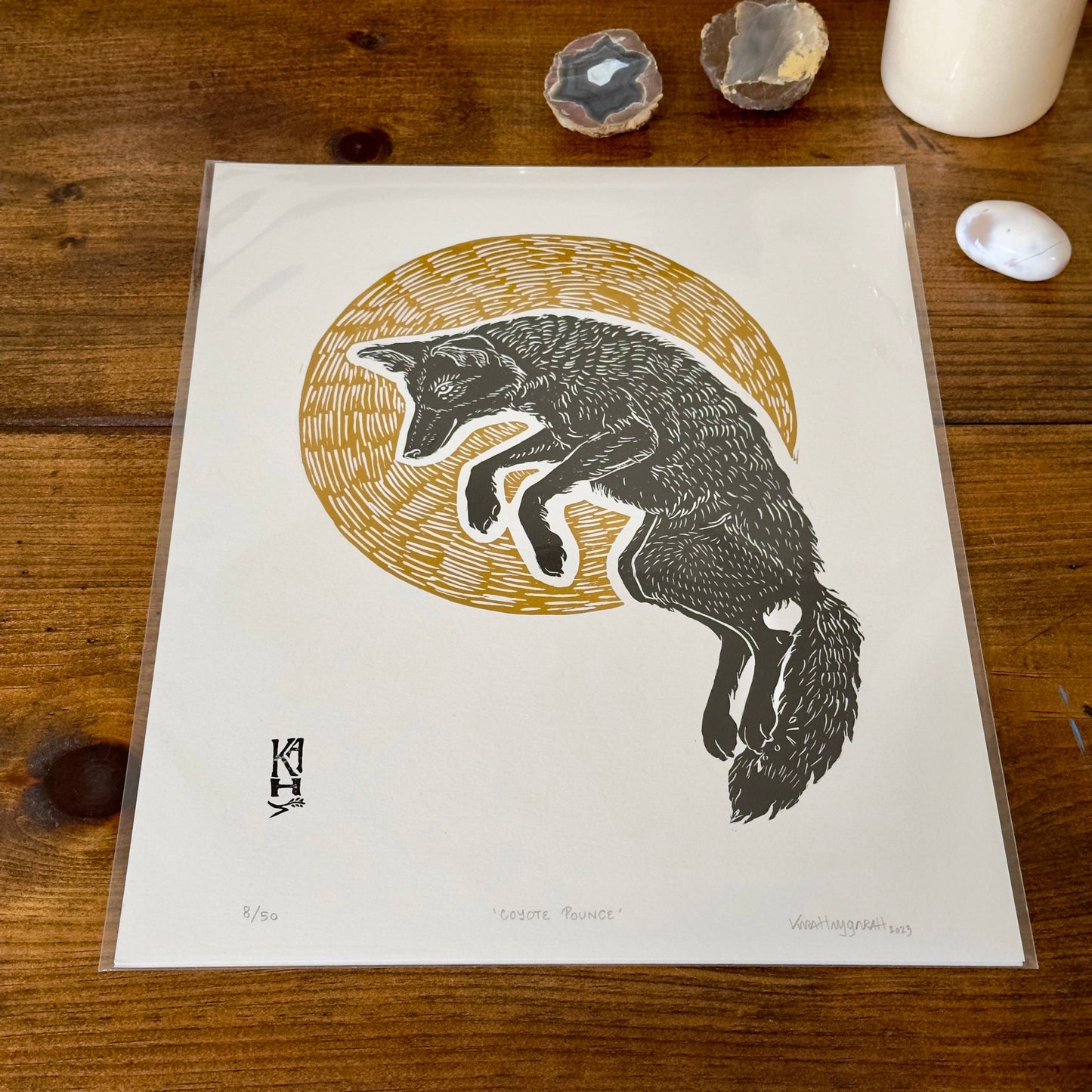 Coyote Pounce handmade relief print - 11x14 (Kara Haygarth)