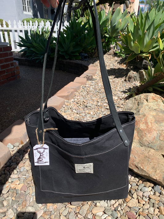 Market Tote- Black Waxed Canvas W/Black Handles