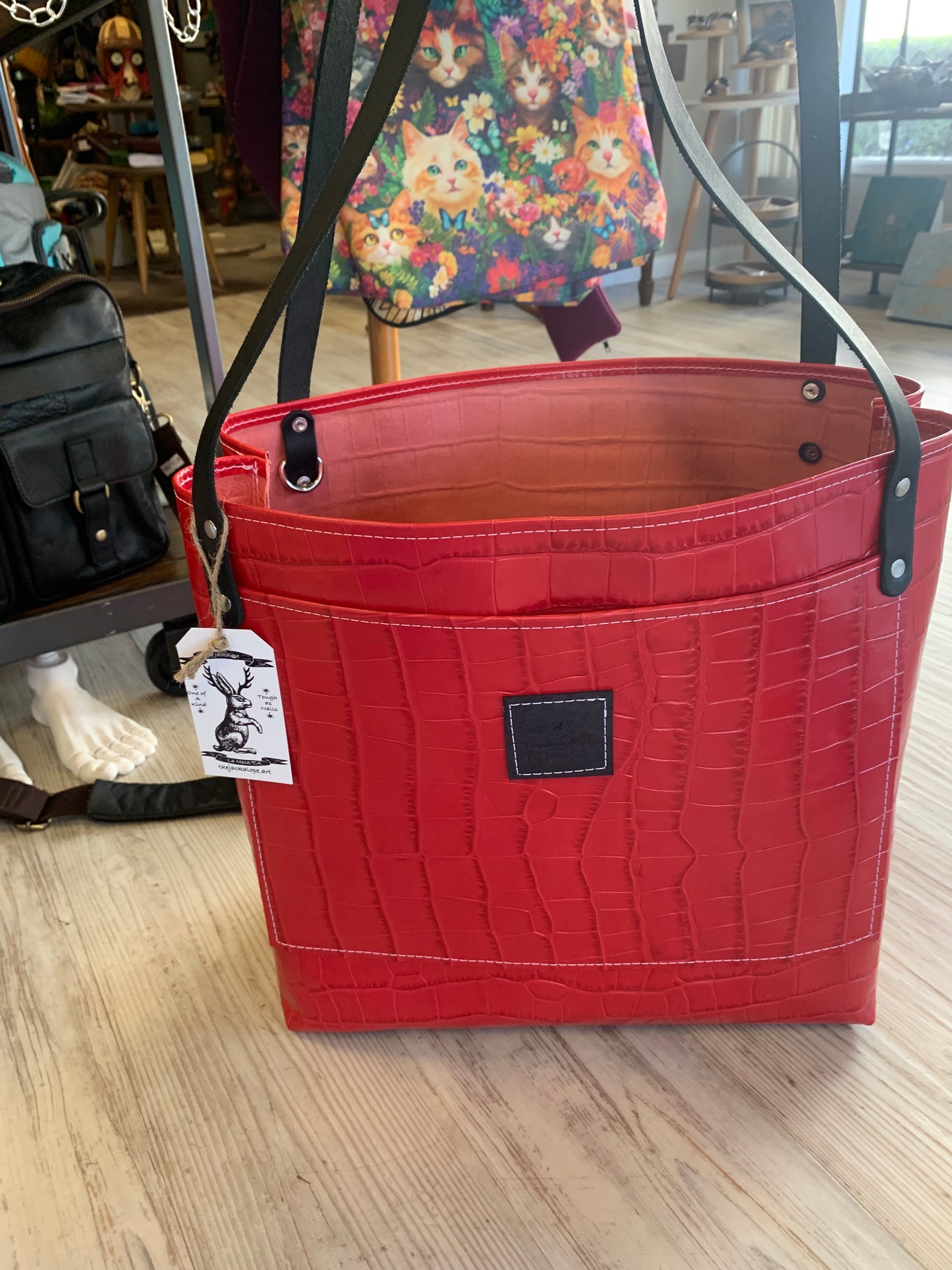 Market Tote - Red Leather W/ Black Handles