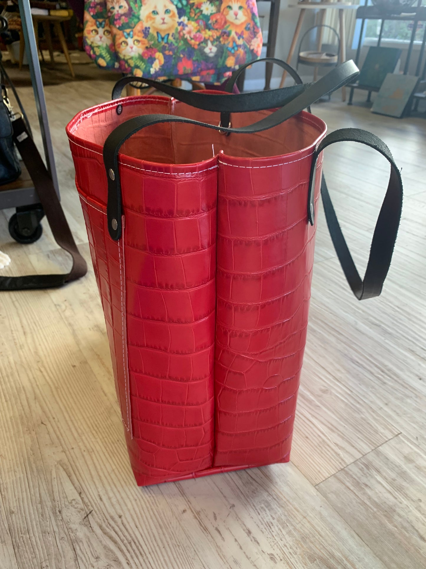 Market Tote - Red Leather W/ Black Handles