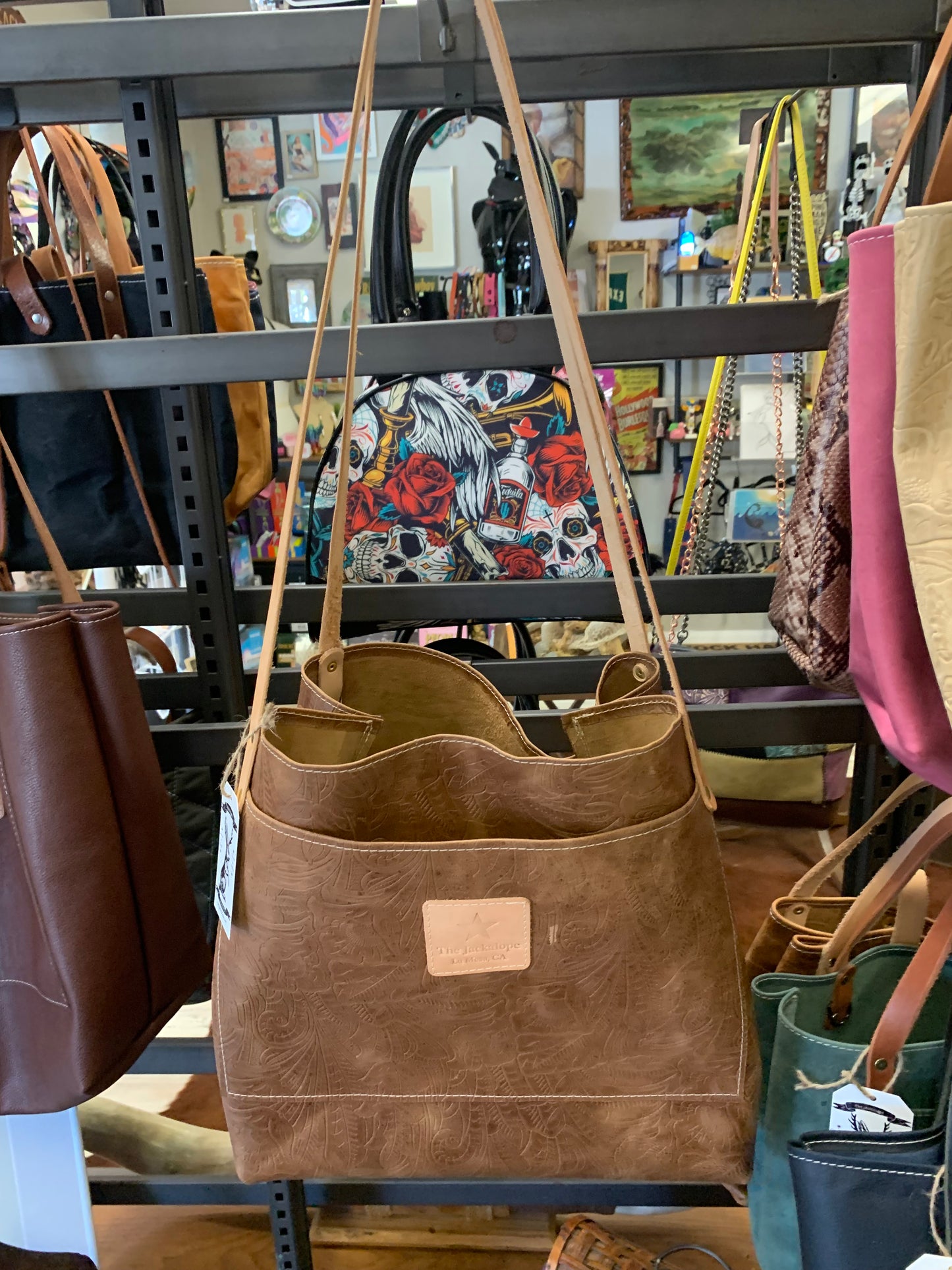 Market Tote - Brown Flower Pattern Embossed Leather