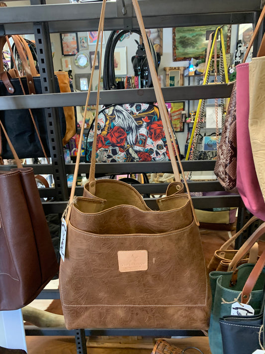Market Tote - Brown Flower Pattern Embossed Leather