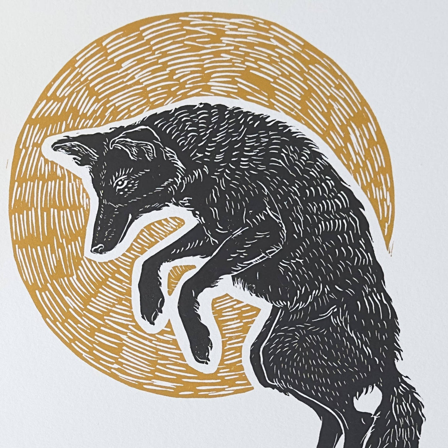 Coyote Pounce handmade relief print - 11x14 (Kara Haygarth)