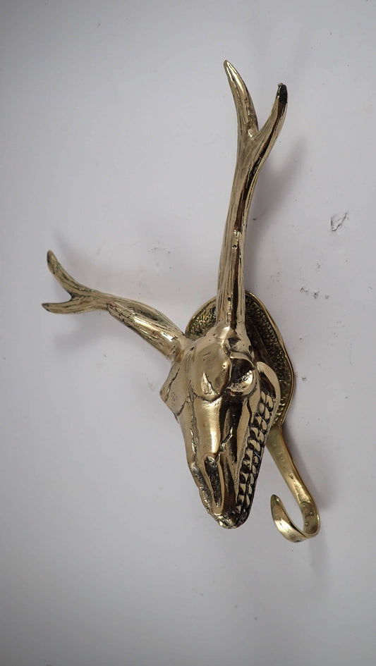 Deer Skull Wall Sculpture Hook- Brass 9" Tal