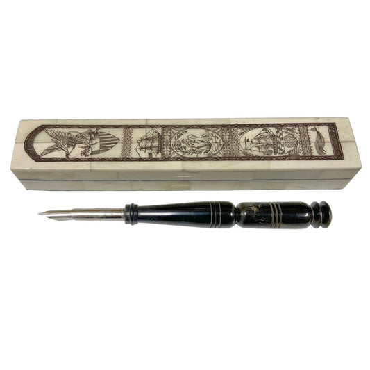 Life at Sea" Scrimshaw Pen Box w/ Horn Pen- 8-1/4 "