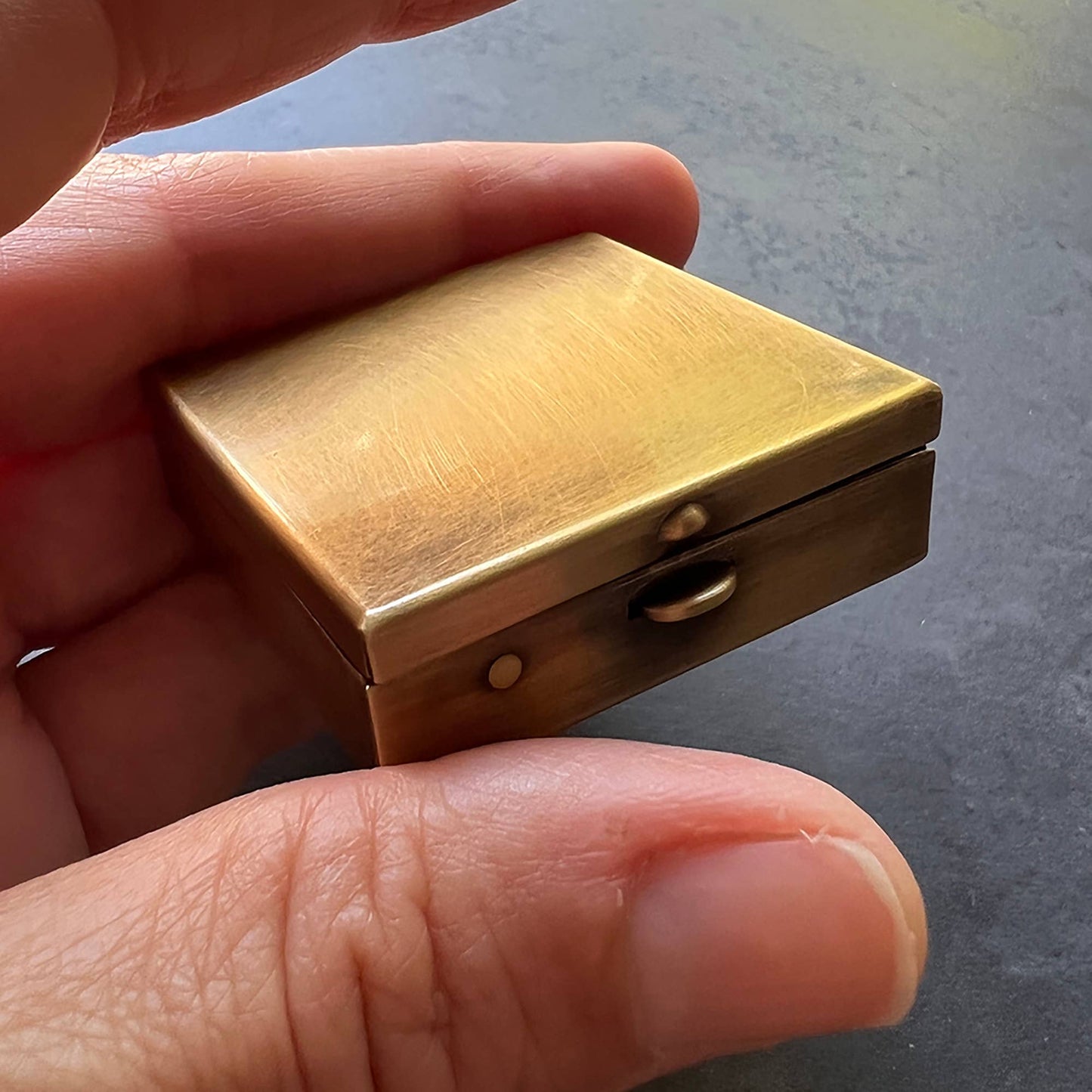 Square Brass Pill or Trinket Box 1.5"-Metal Cloth & Wood -