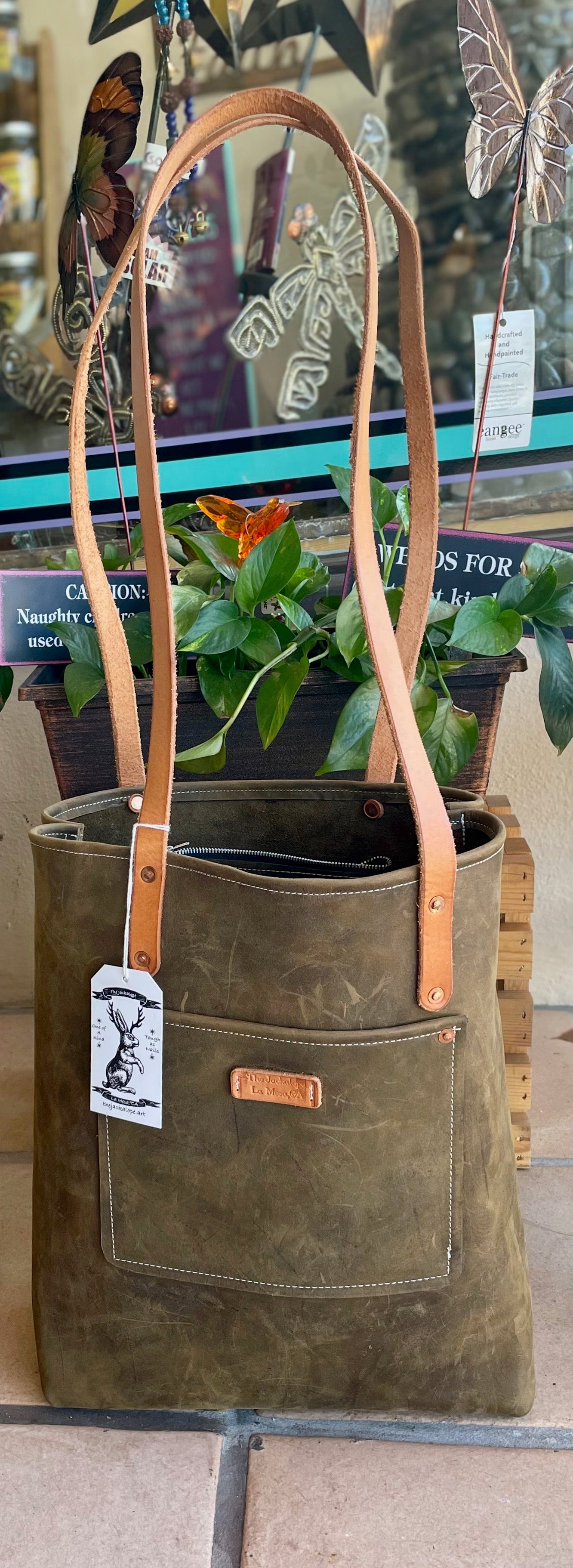 Tall Leather Tote- Olive