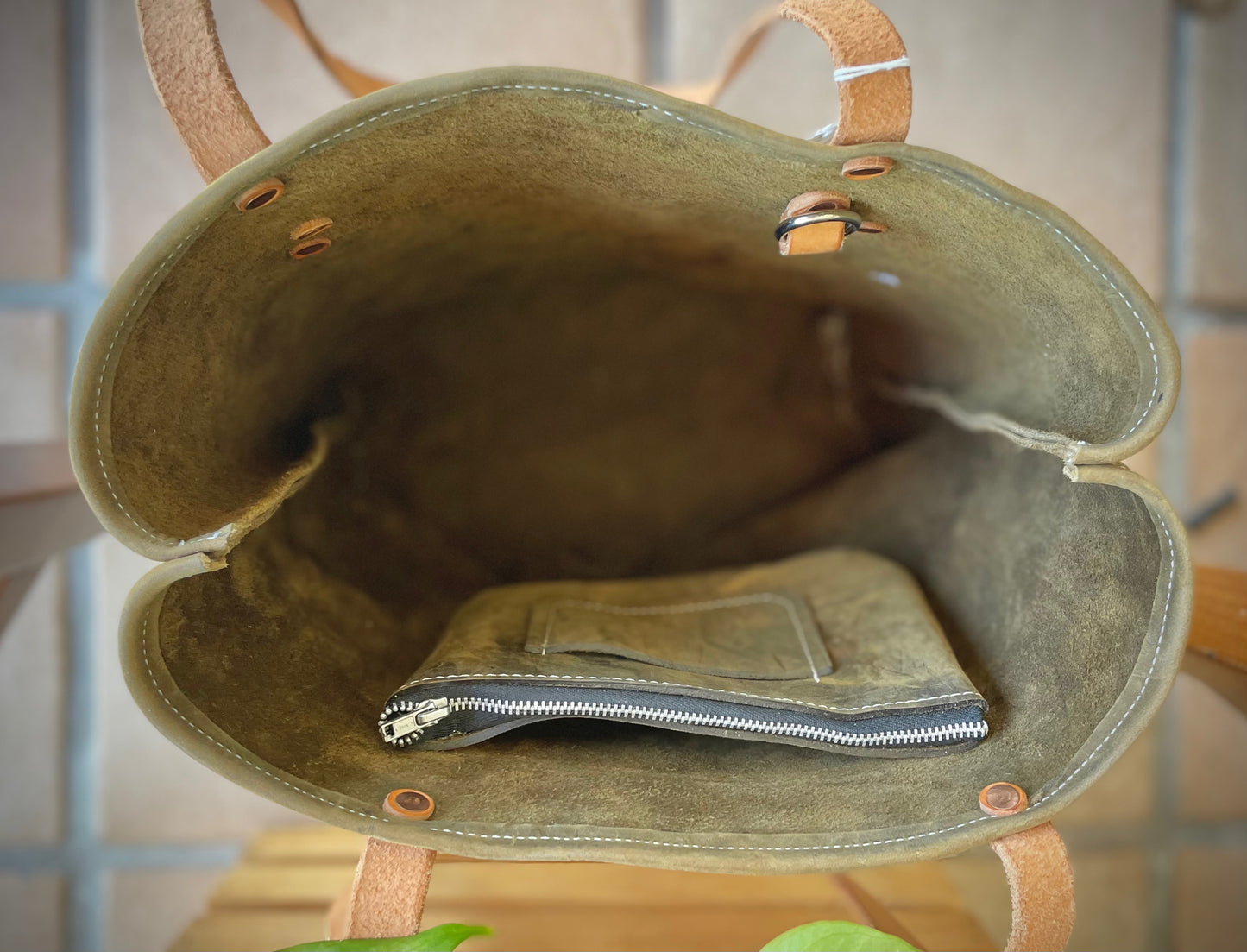 Tall Leather Tote- Olive