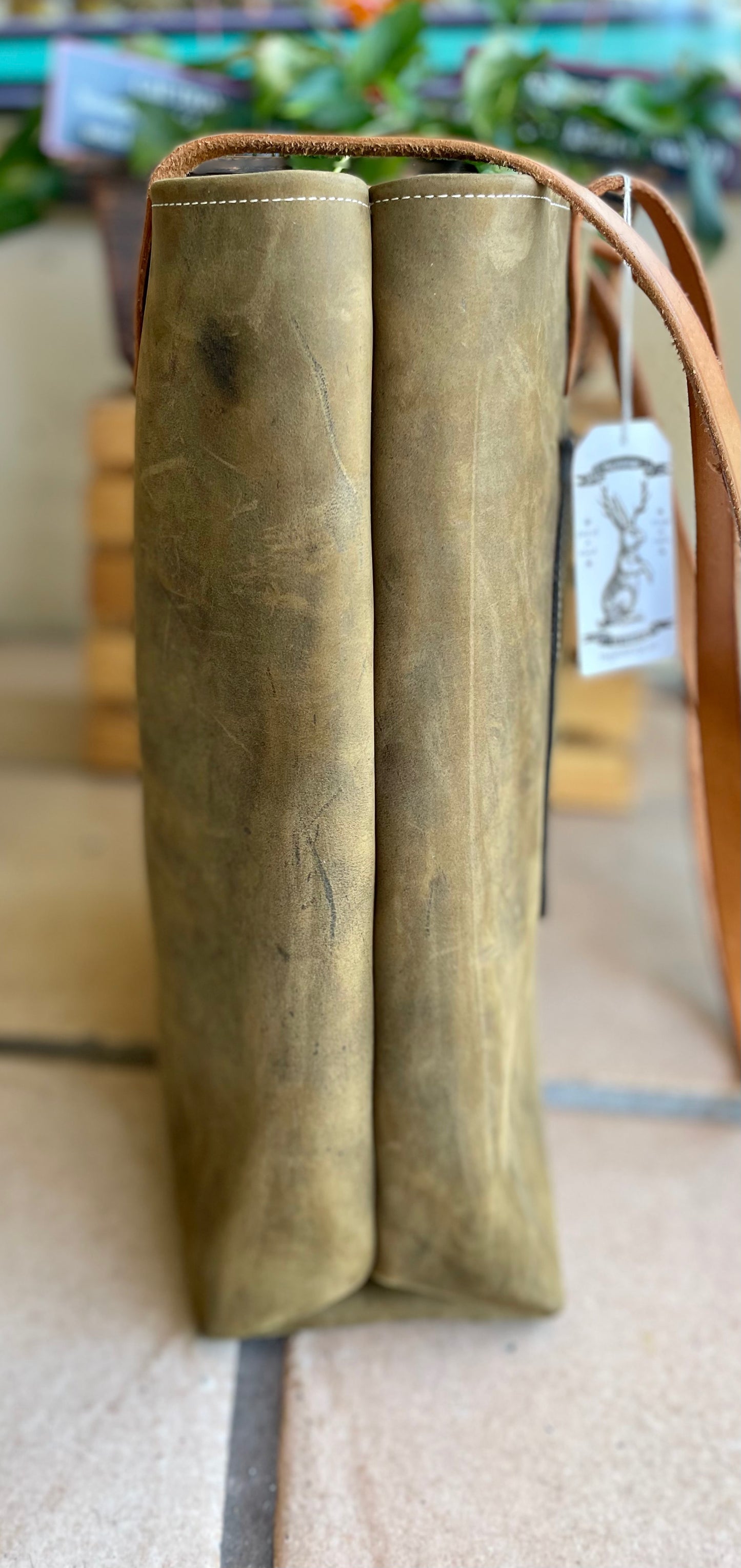 Tall Leather Tote- Olive