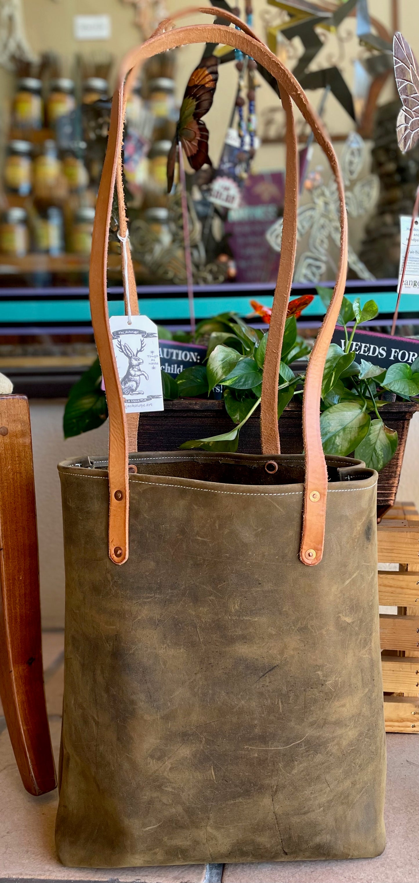 Tall Leather Tote- Olive