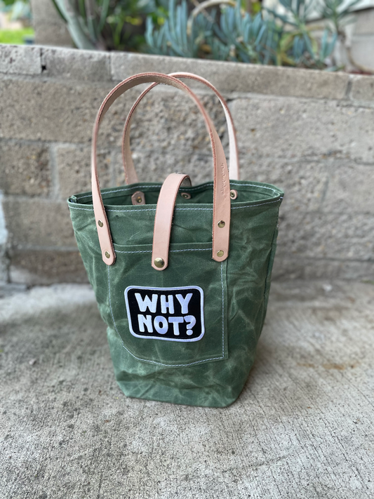 Mini Market Tote "Why Not?"- Waxed Canvas (Army Green)