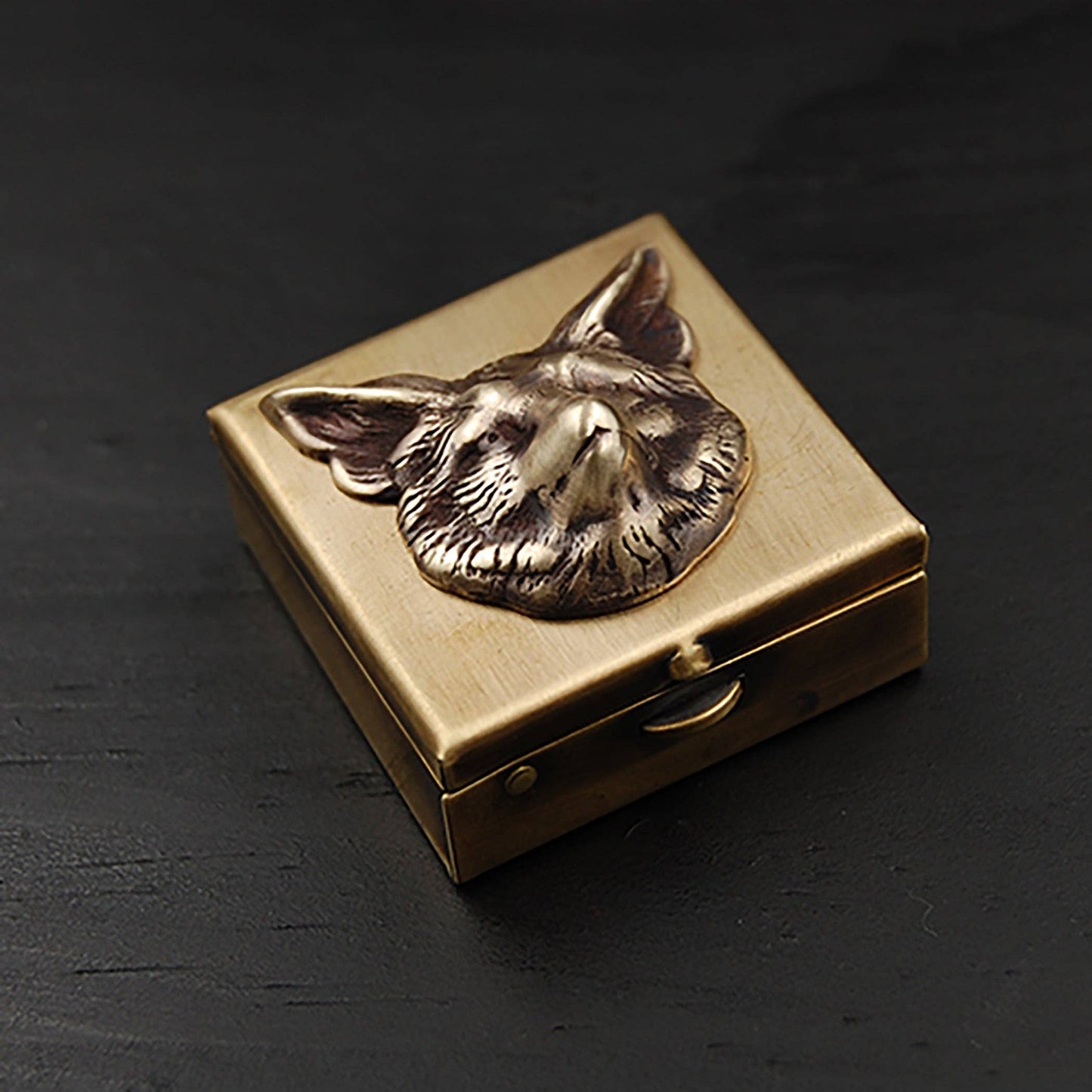 Fox Face Brass Animal Pill Box 1 1/4"- Metal Cloth & Wood -