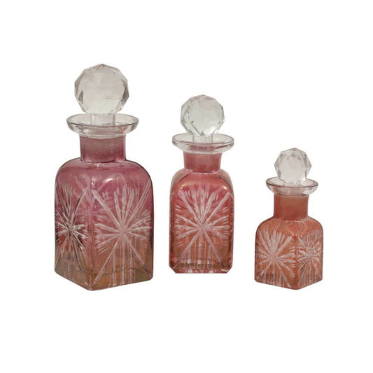 Victorian Hand-Cut Rose Glass Perfume Bottle Set- Set of 3 (Reproduction)