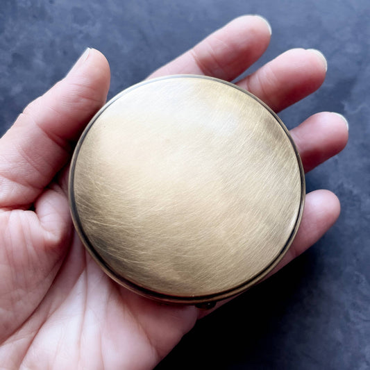 Round Brass Pill or Trinket Box- Metal Cloth & Wood